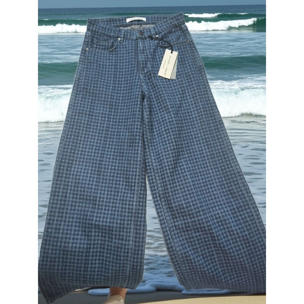 NWT Seventy + Mochi Bay Super High Rise Wide Leg Jeans 26 Houndstooth Print